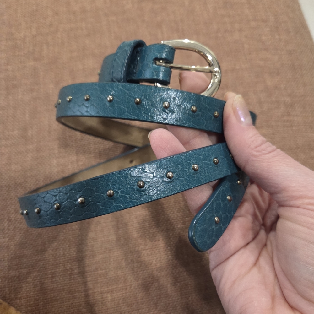 Talbot Women's Teal Blue Metal Studded Croc Embossed Leather Skinny Belt Large